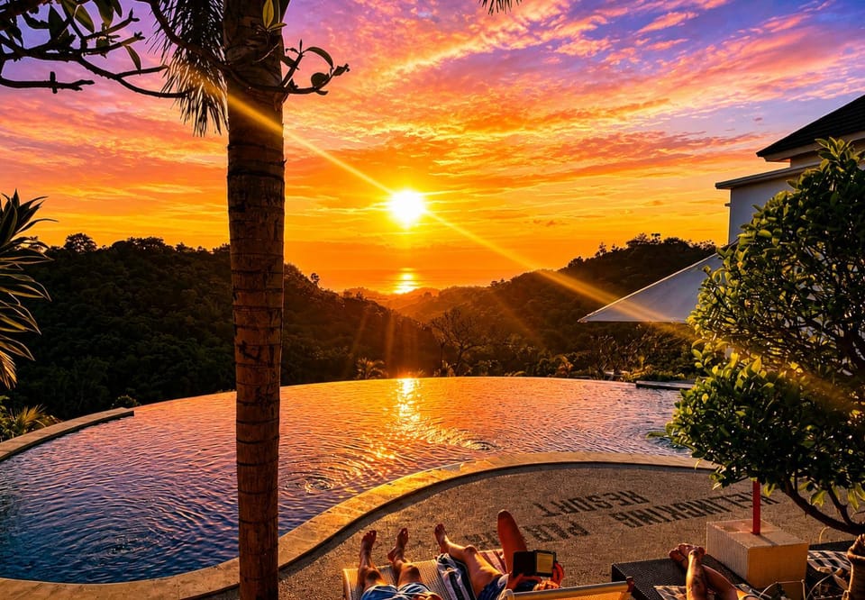 Nearby landmark, Natural landscape, Mountain view, Swimming pool, Sunset
