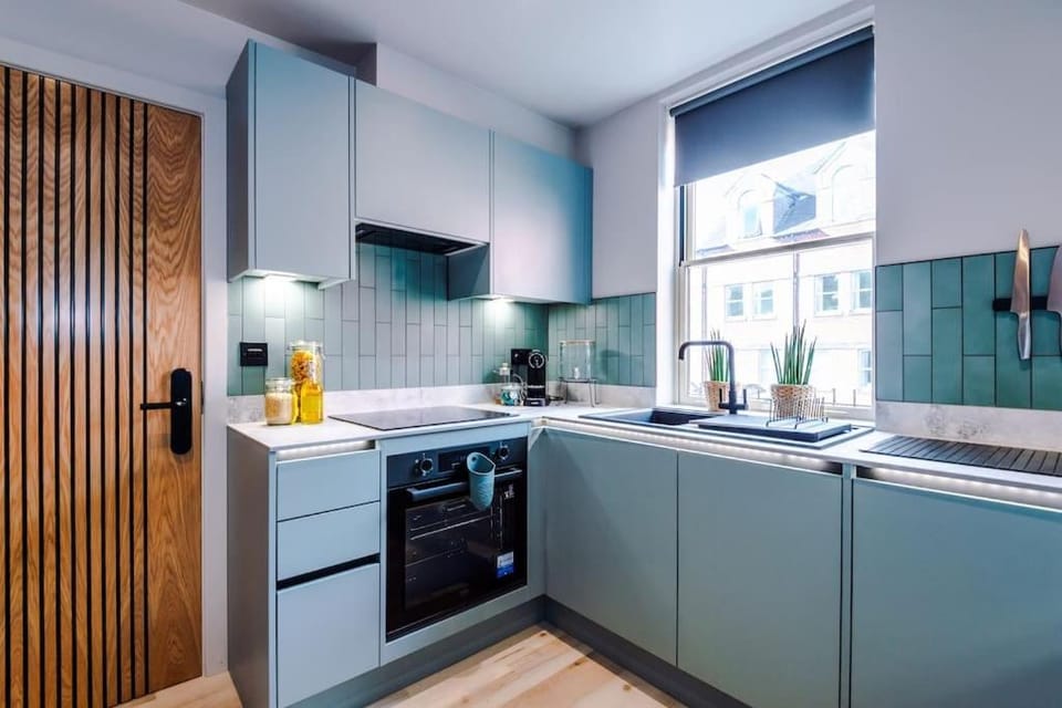 Kitchen or kitchenette, dishwasher, oven, stove