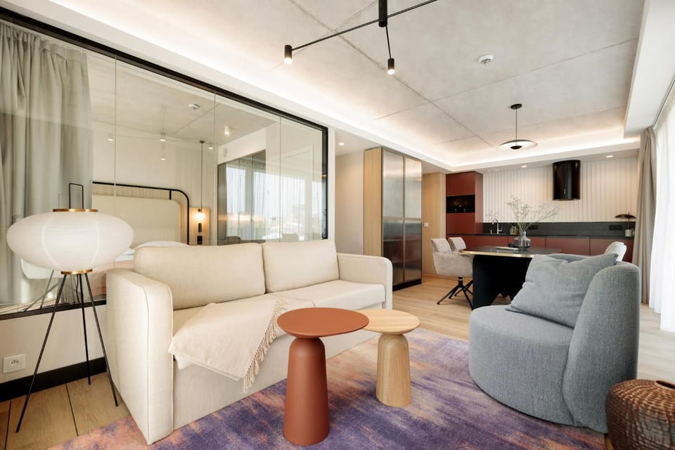 Kitchen or kitchenette, Living room, Seating area, Dining area