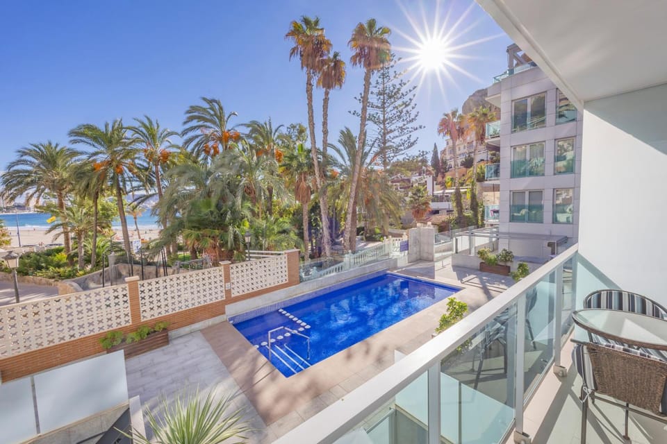 Property building, Living room, Swimming pool