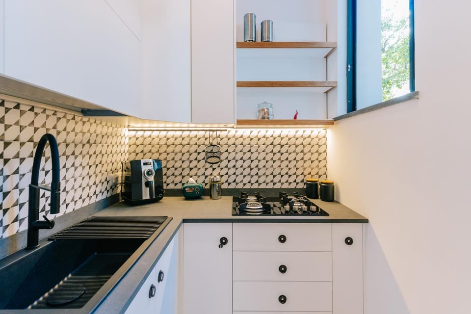 Kitchen or kitchenette, stove