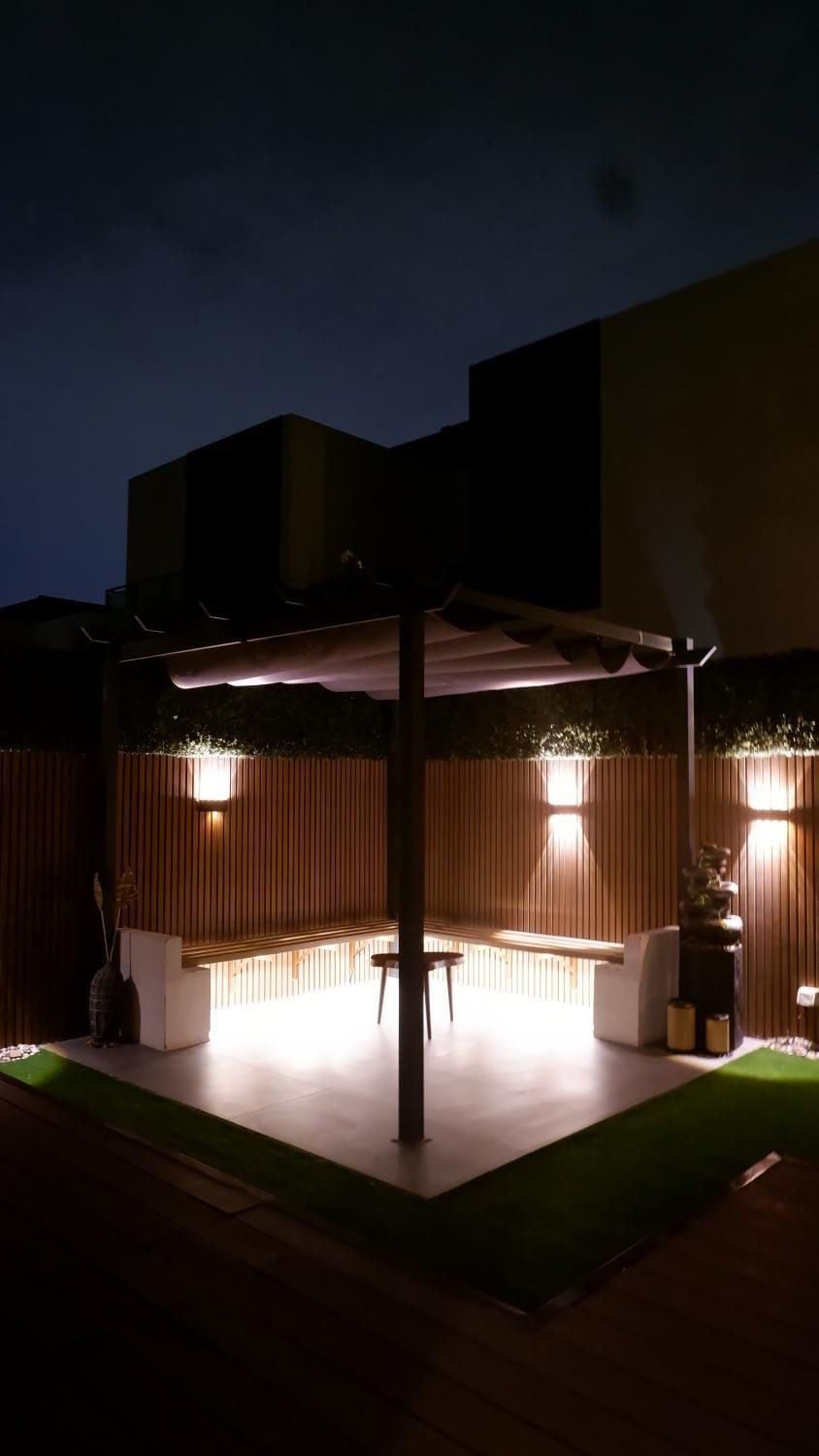Property building, Patio, Night, Garden, Garden view