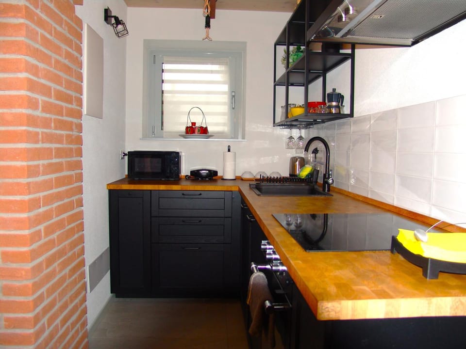 Kitchen or kitchenette, microwave, oven, stove