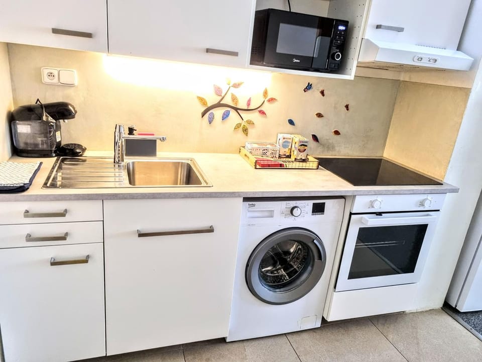 Kitchen or kitchenette, oven, stove, washing machine