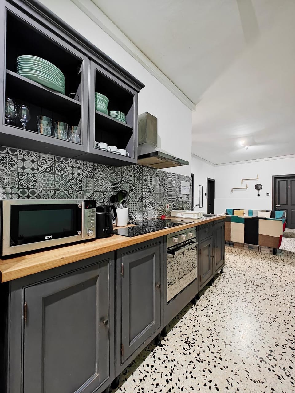 Kitchen or kitchenette, microwave, oven, stove, toaster