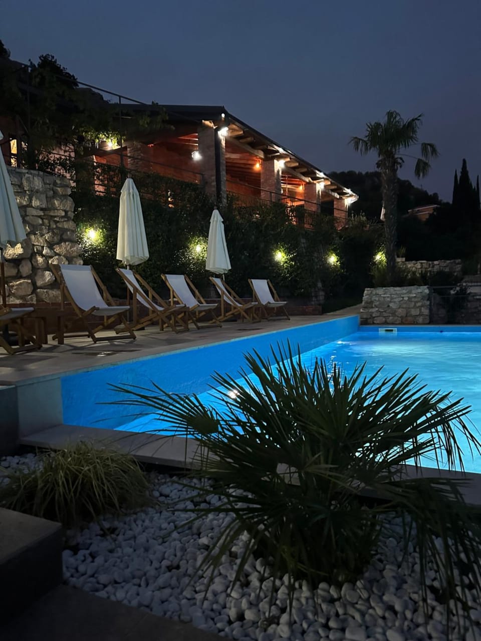 Night, Pool view, Swimming pool, sunbed