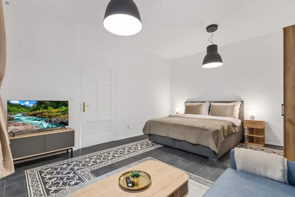 Bed, TV and multimedia, Living room, Seating area, Bedroom