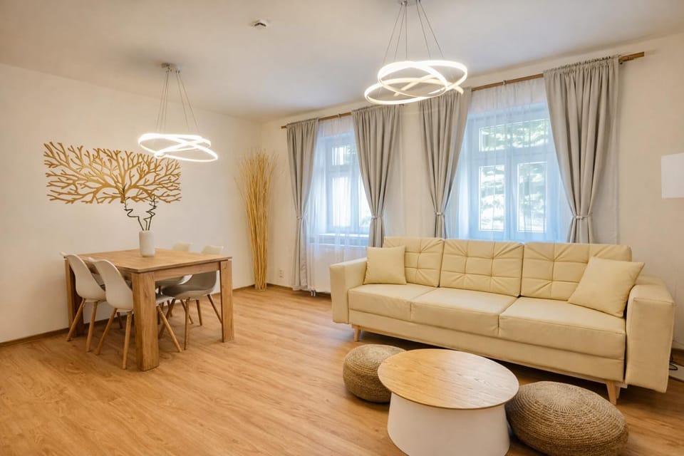 Living room, Seating area, Dining area, River view