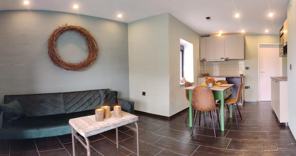 Kitchen or kitchenette, Living room, Seating area, Dining area