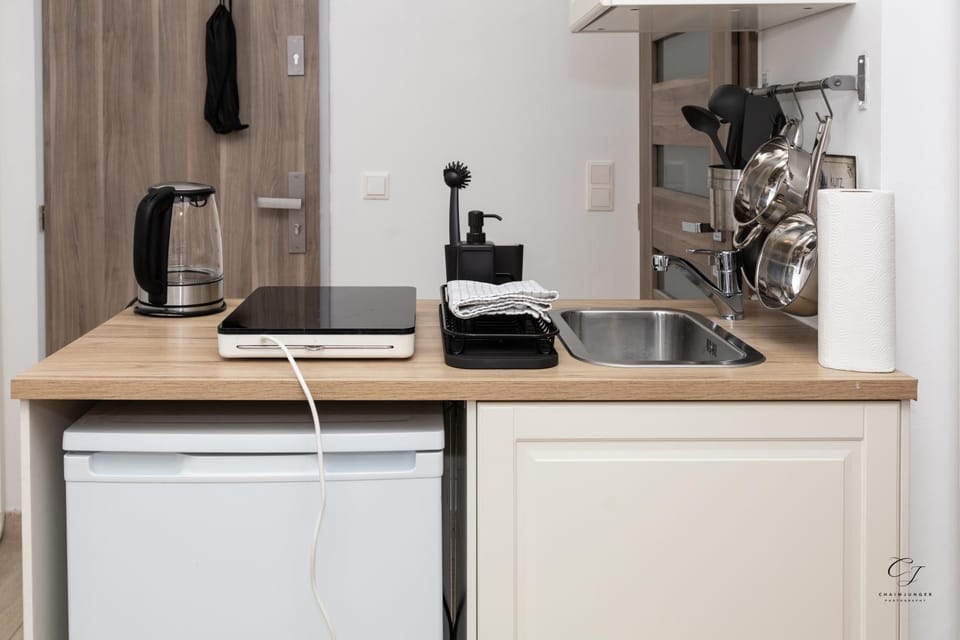 Kitchen or kitchenette, stove