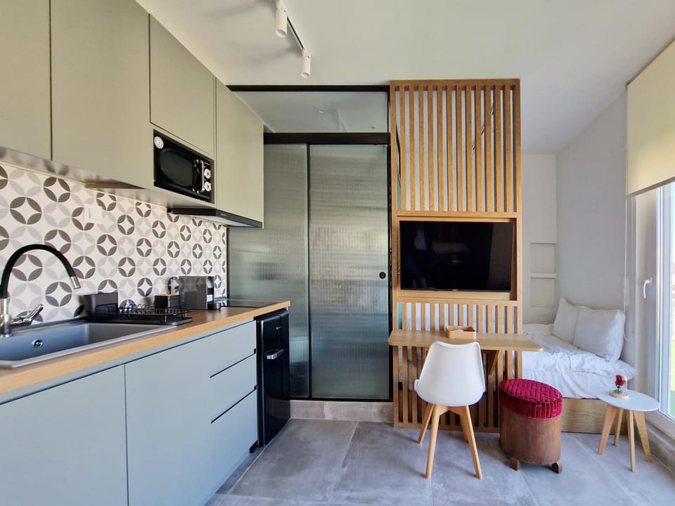 Kitchen or kitchenette, stove