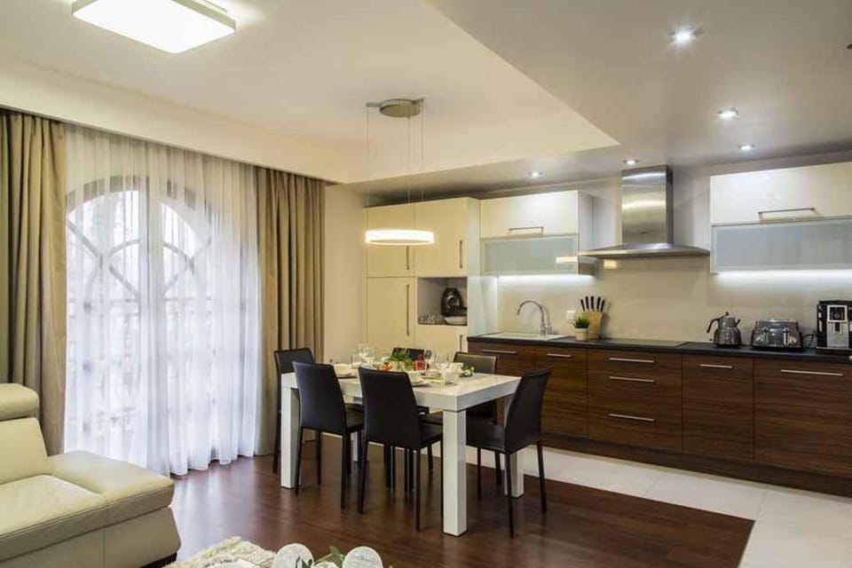 Kitchen or kitchenette, Living room, Seating area, Dining area, stove