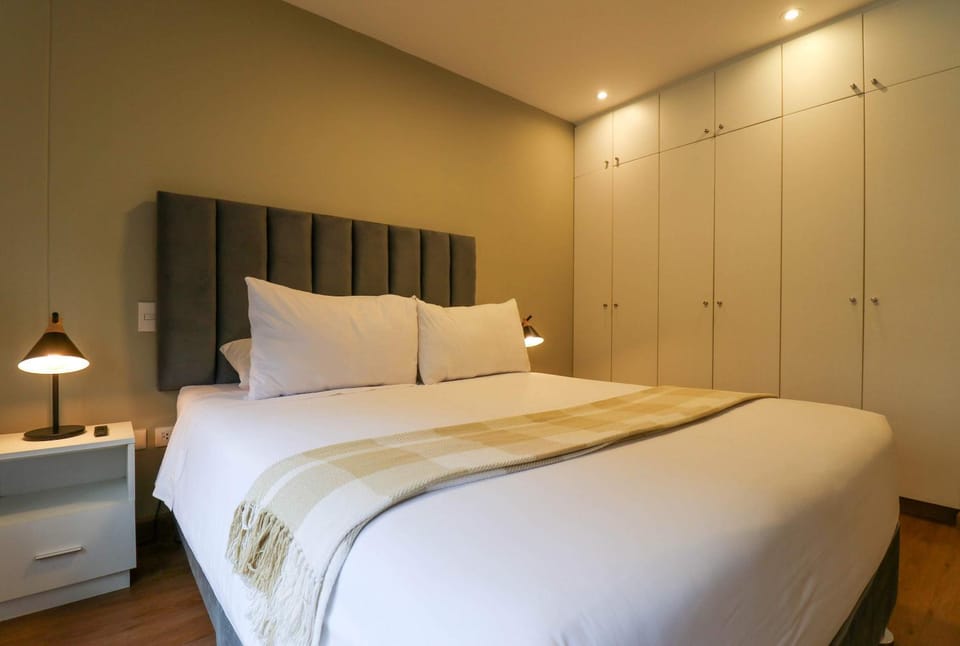 Bed, wardrobe