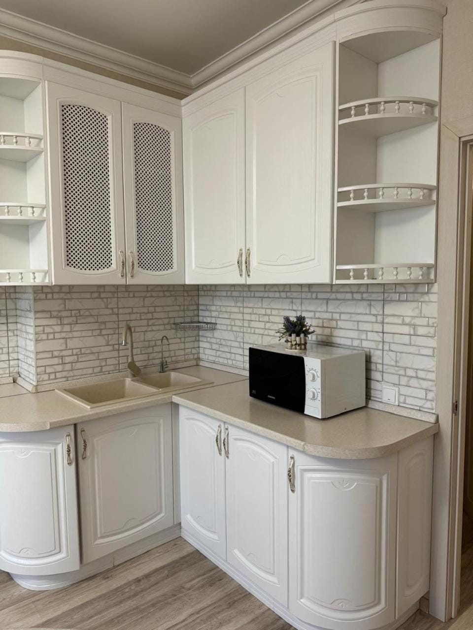 Kitchen or kitchenette, microwave, stove