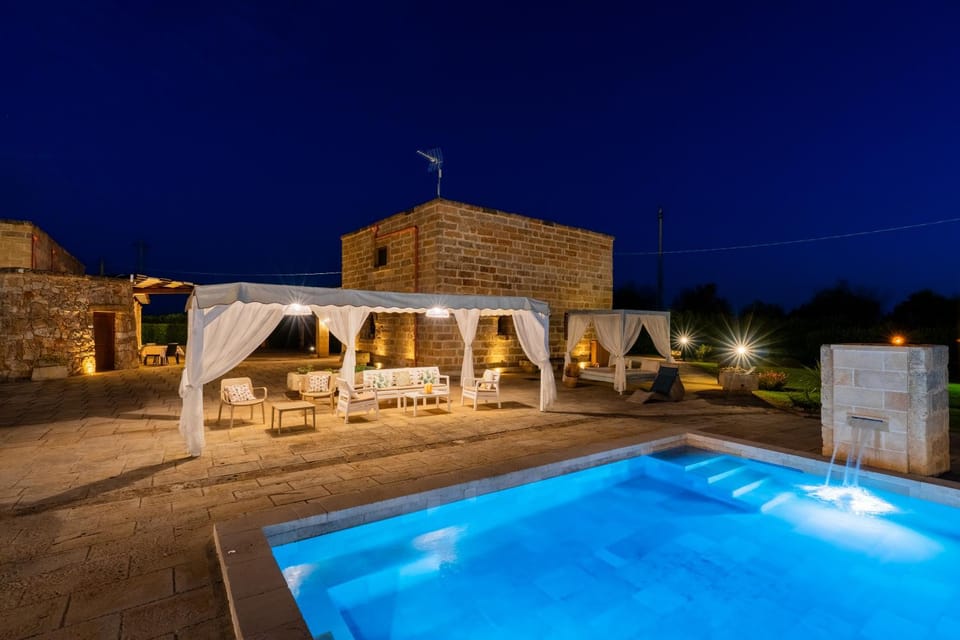 Patio, Night, Natural landscape, Pool view, Swimming pool, Swimming pool, sunbed