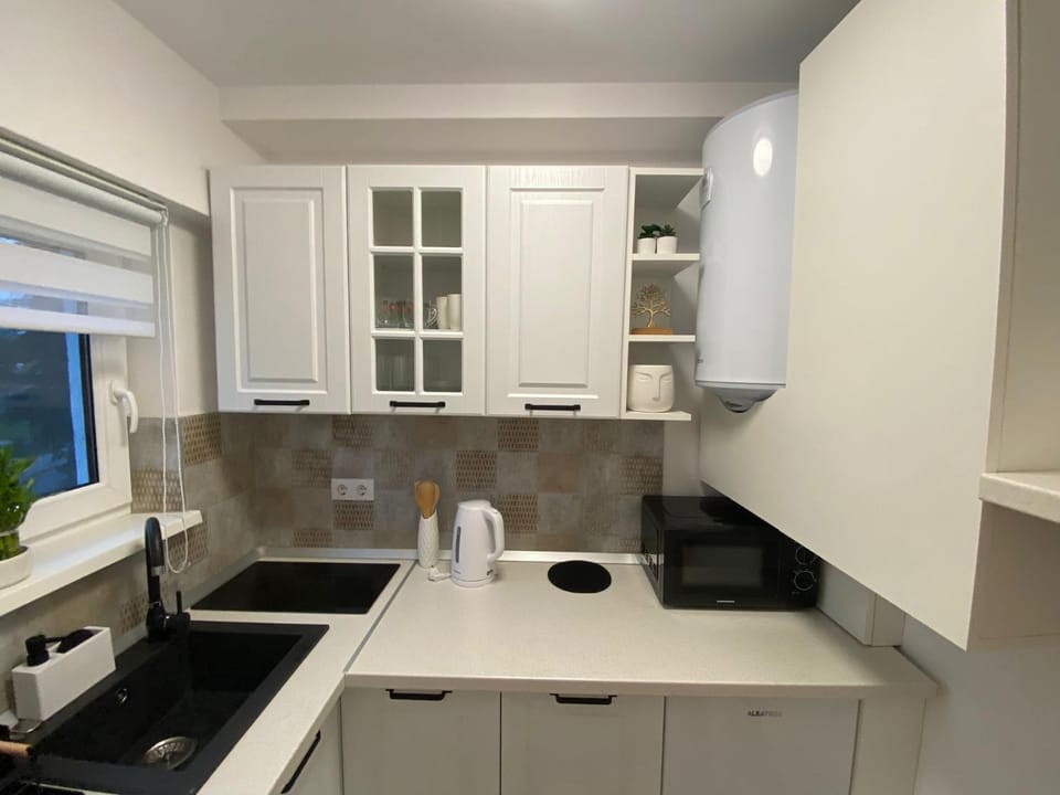 Kitchen or kitchenette, microwave, minibar, stove