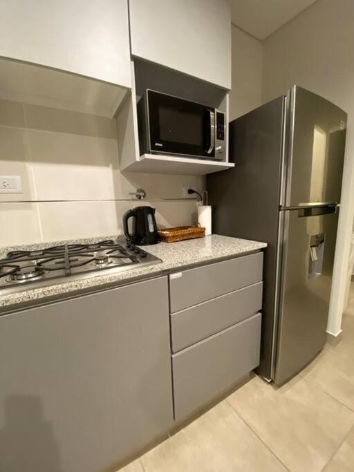 Kitchen or kitchenette, microwave, stove
