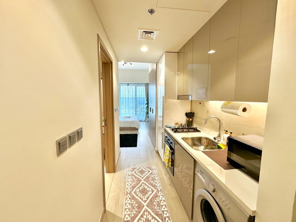 Kitchen or kitchenette, minibar, oven, stove, washing machine