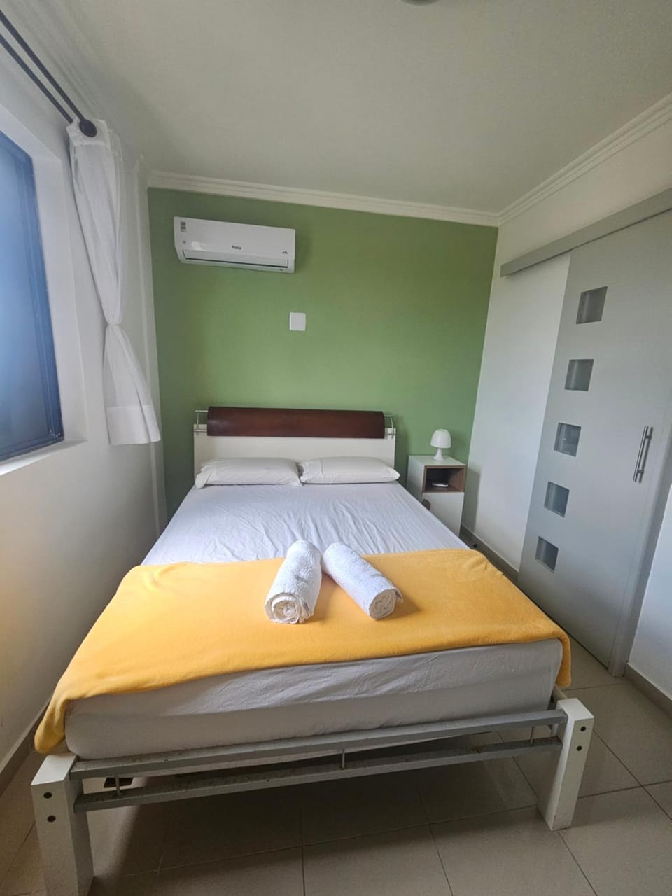 Bed, Photo of the whole room, Bedroom, towels, air conditioner