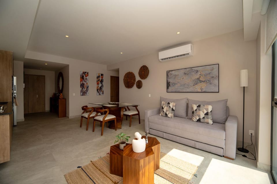 Kitchen or kitchenette, Living room, Seating area, Dining area, air conditioner