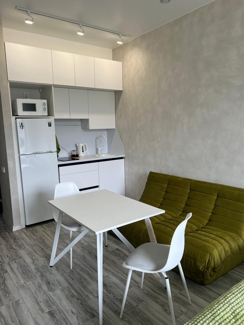 Coffee/tea facilities, Kitchen or kitchenette, Living room, Seating area, microwave, stove