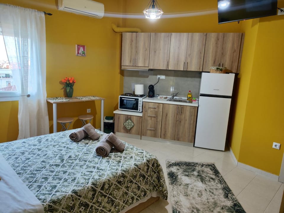 Bed, TV and multimedia, Coffee/tea facilities, Kitchen or kitchenette, Photo of the whole room, Bedroom, oven, stove