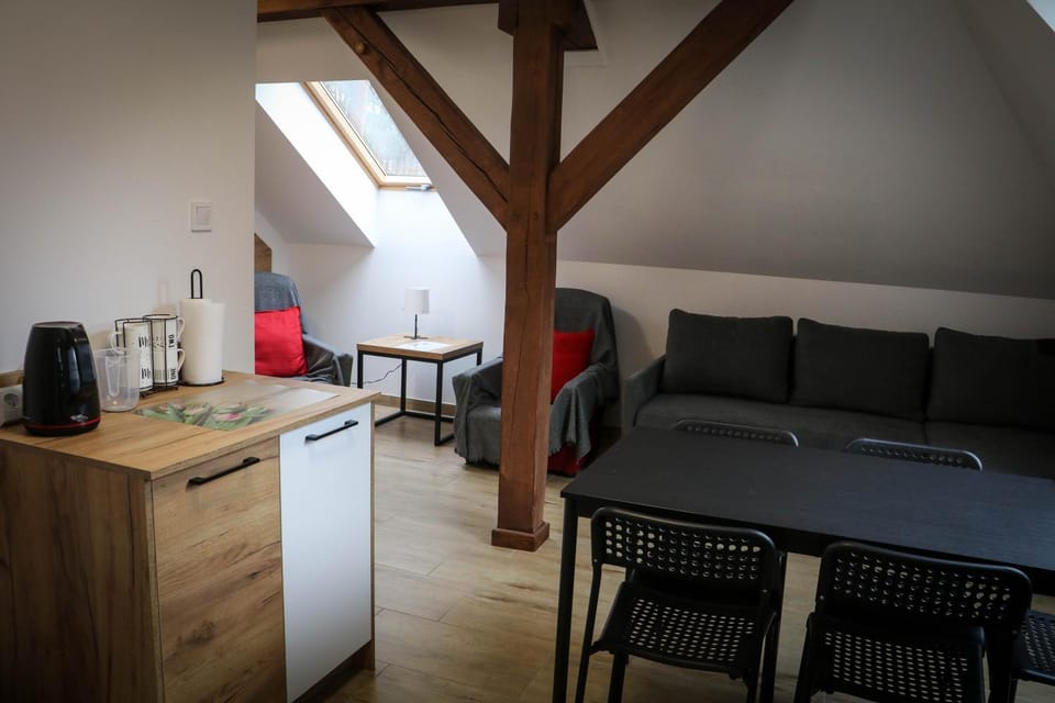 Kitchen or kitchenette, Living room, Seating area, Dining area