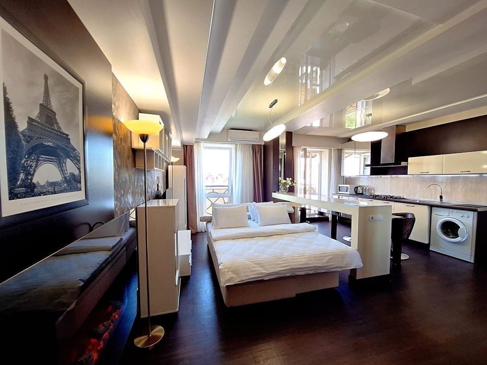Bed, Kitchen or kitchenette, Living room, Photo of the whole room, Seating area, Bedroom, minibar, pet friendly, stove, towels, washing machine, dryer