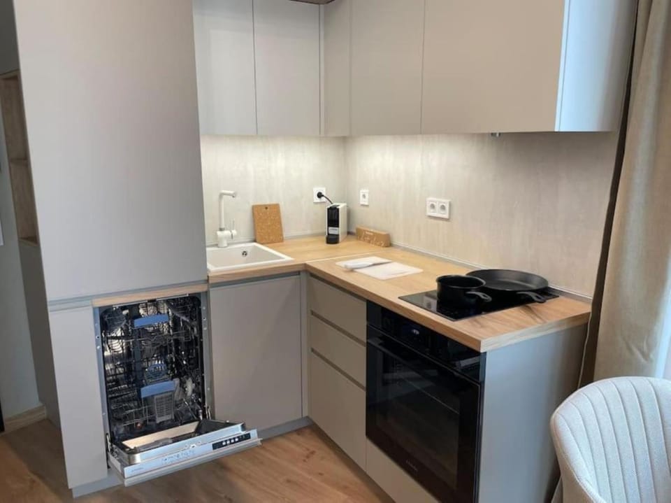 Coffee/tea facilities, Kitchen or kitchenette, Seating area, dishwasher, stove, kitchen