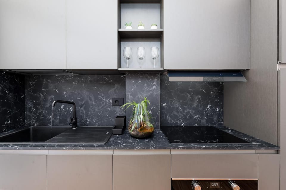 Kitchen or kitchenette, stove