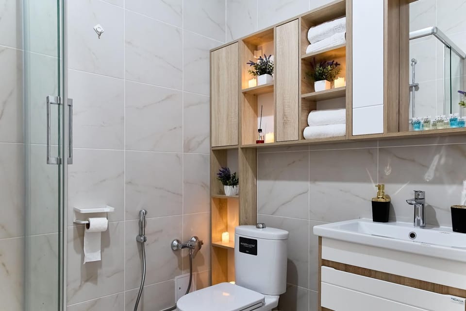 Shower, Toilet, bidet, towels