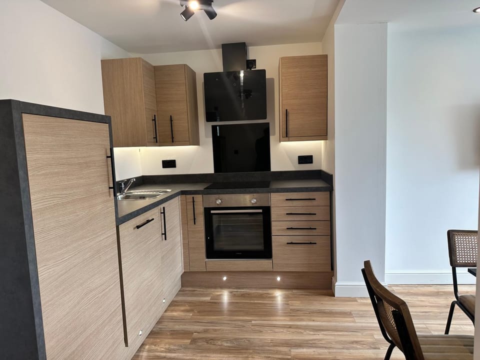 Kitchen or kitchenette, dishwasher, oven, stove
