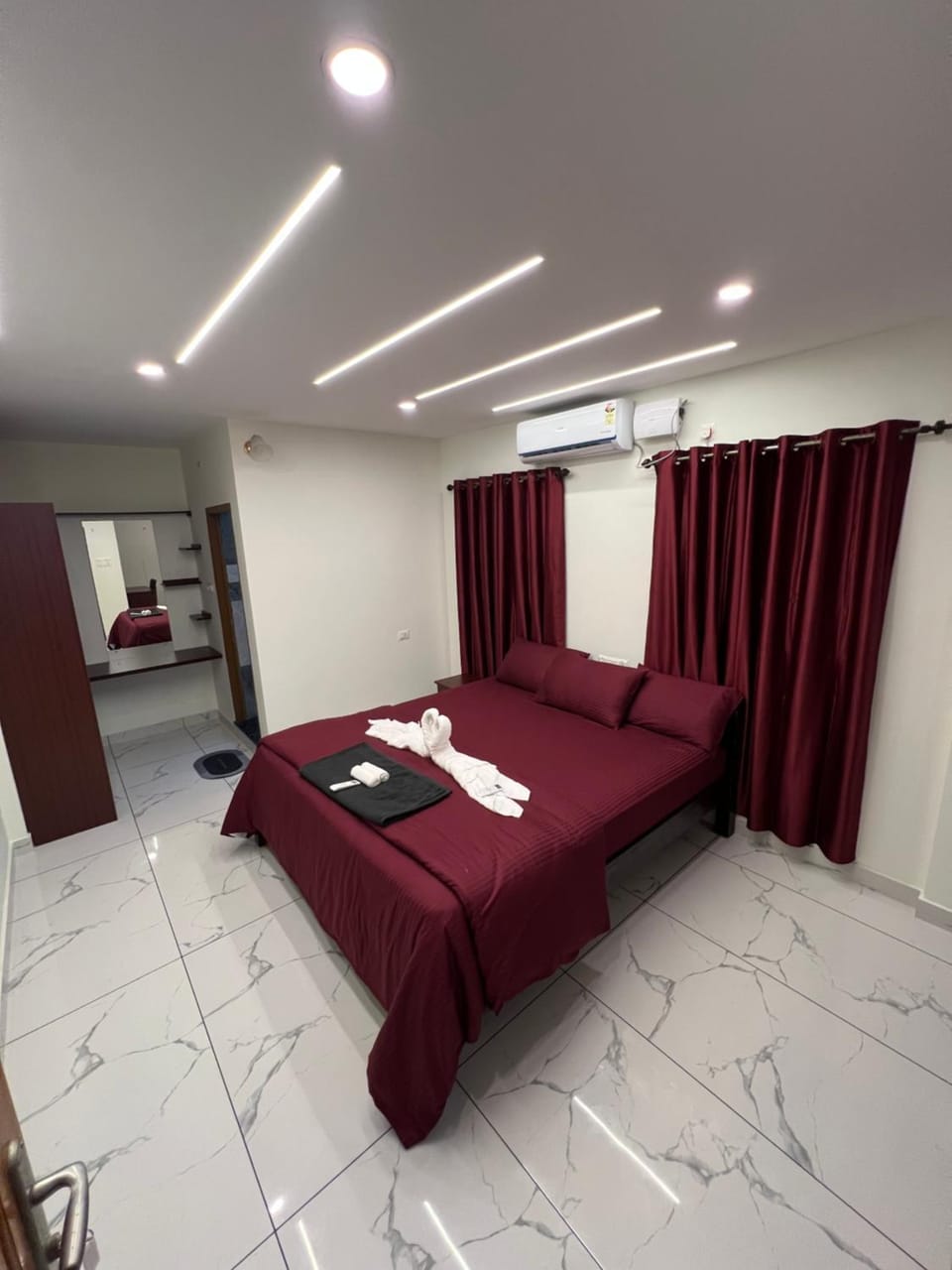 Bed, Photo of the whole room, Bedroom, furniture, towels, wardrobe, air conditioner