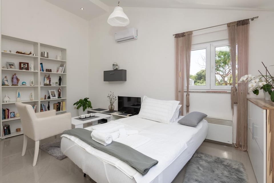 Bed, Library, TV and multimedia, Photo of the whole room, Seating area, Bedroom, air conditioner