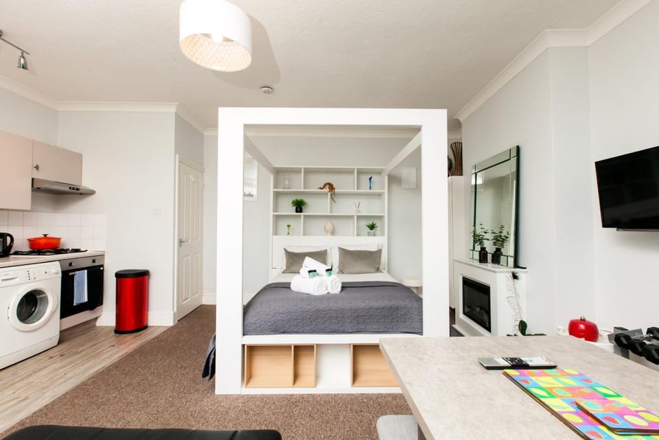 Bed, TV and multimedia, Kitchen or kitchenette, Photo of the whole room, Bedroom, oven, stove, washing machine