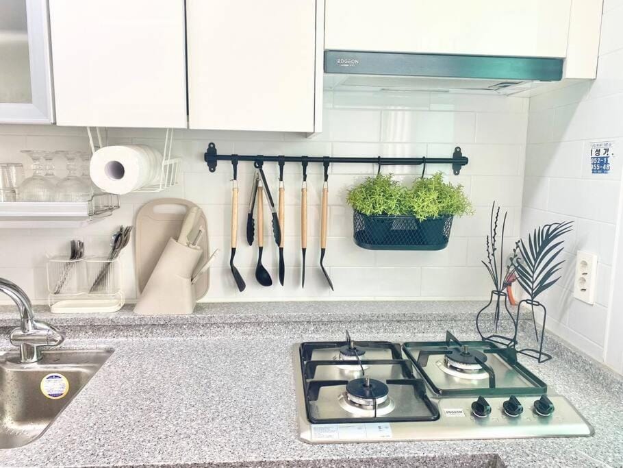 Kitchen or kitchenette, stove
