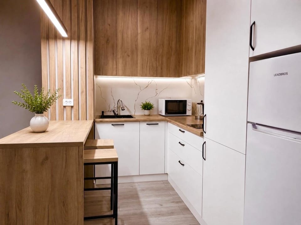 Kitchen or kitchenette, stove
