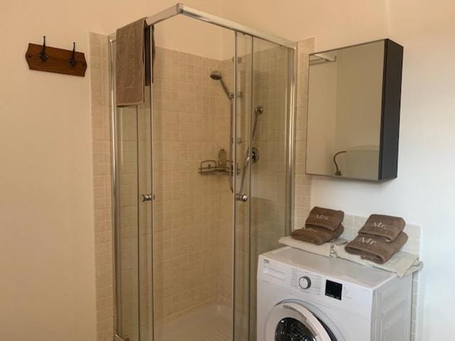 Shower, Bathroom, towels, washing machine