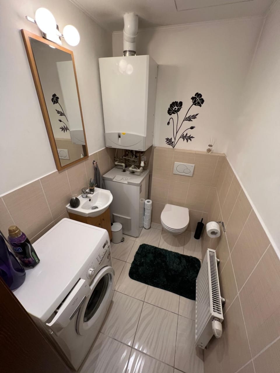 Toilet, towels, washing machine
