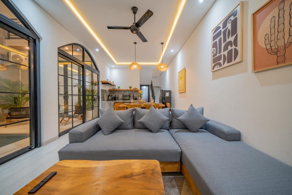 Living room, Seating area, Pool view, air conditioner