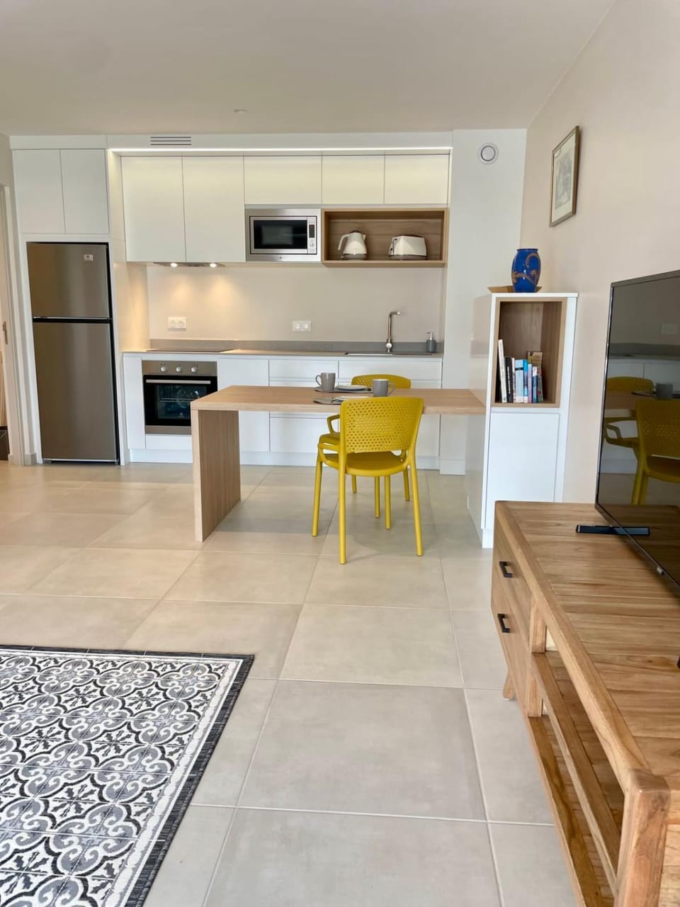 Dining area, microwave, oven, stove