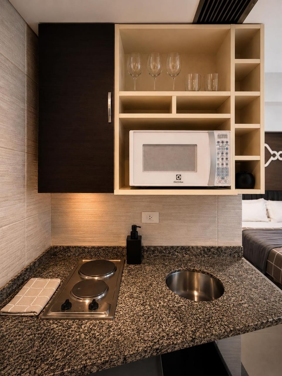 Kitchen or kitchenette, stove