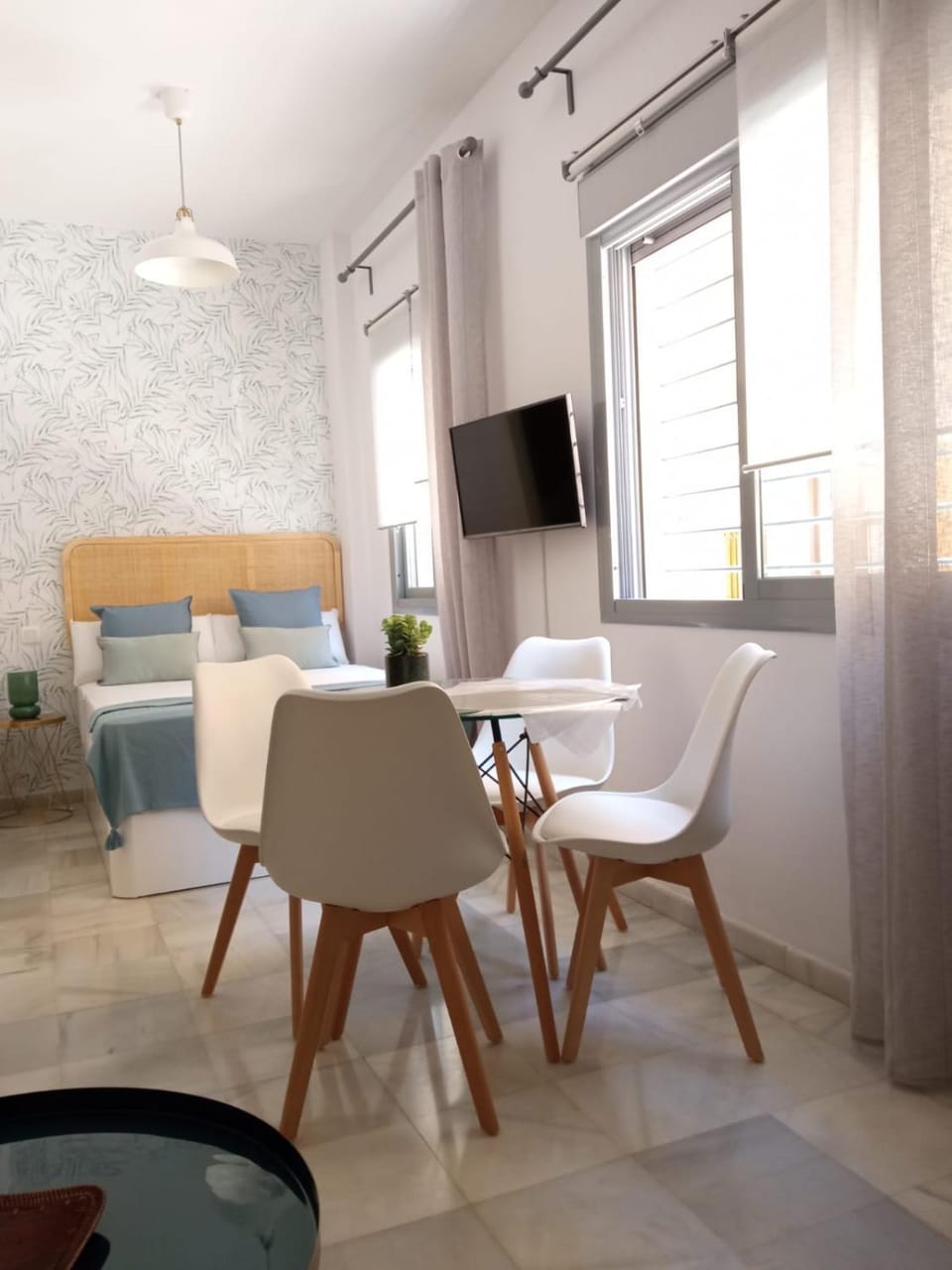 Bed, Living room, Seating area