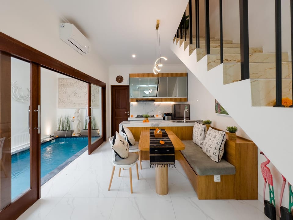 Kitchen or kitchenette, Living room, Seating area, Dining area, Pool view, Swimming pool