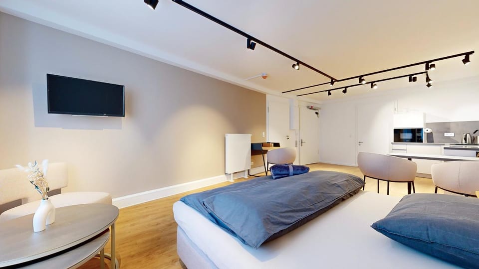 Bed, TV and multimedia, Kitchen or kitchenette, Living room, Photo of the whole room, Seating area, Evening entertainment, Bedroom