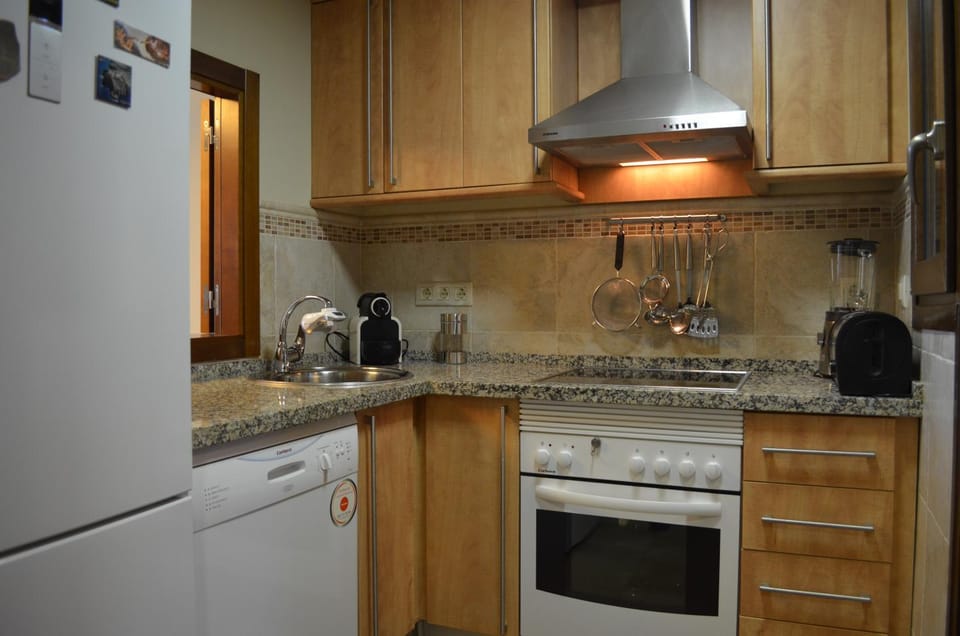 Kitchen or kitchenette, dishwasher, stove, toaster