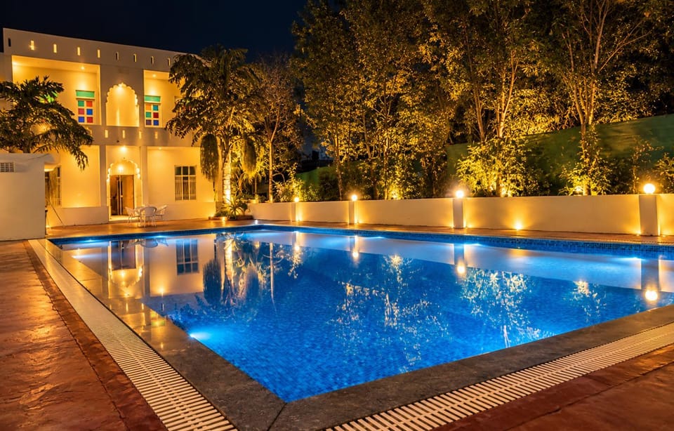Night, Garden, Pool view, Swimming pool