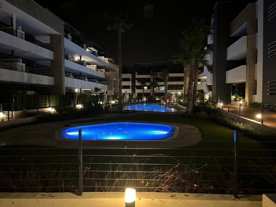 Property building, Night, Swimming pool