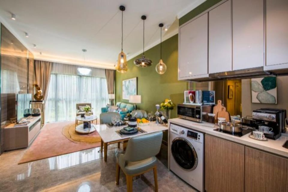 Kitchen or kitchenette, Living room, Dining area, washing machine