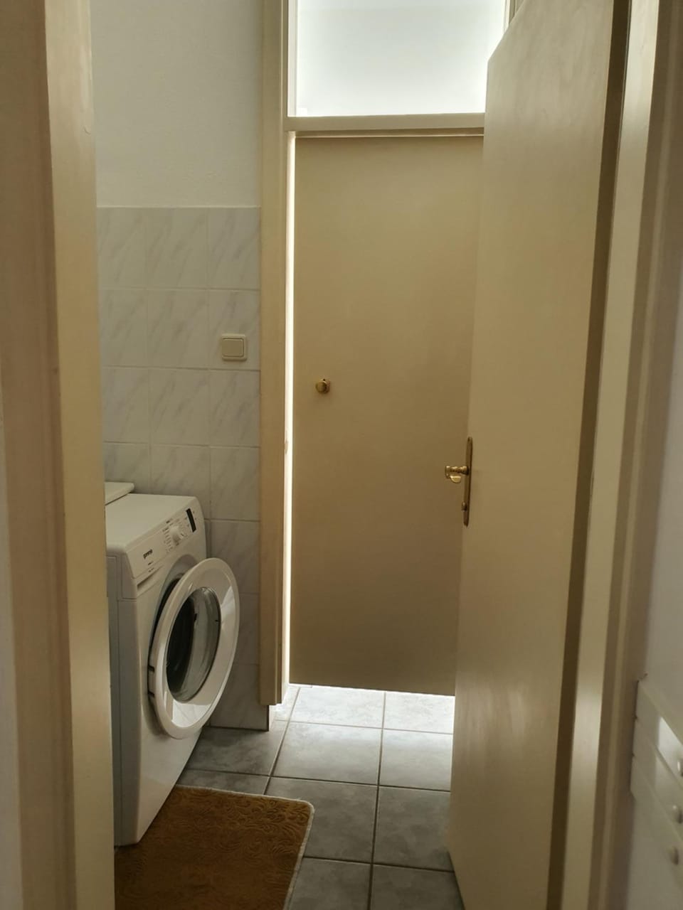 Toilet, towels, washing machine